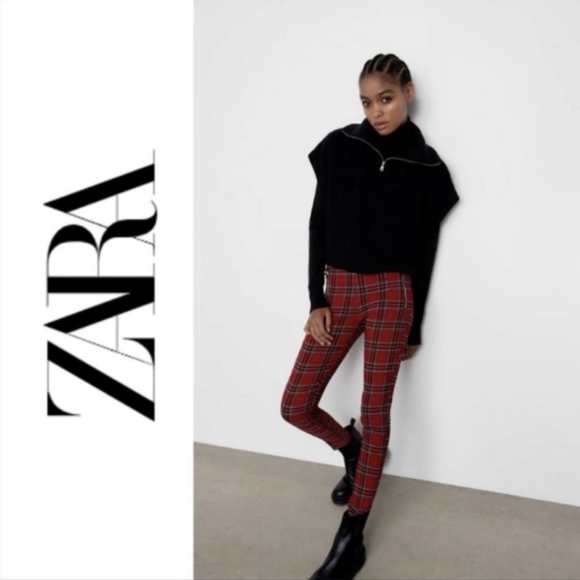 Zara Red Tartan Plaid Leggings XS - Picture 1 of 10